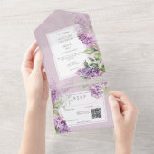 ロマン素朴クパープル&セージ・ライラックQRコード オールインワン招待状 (貼ってはがせる)