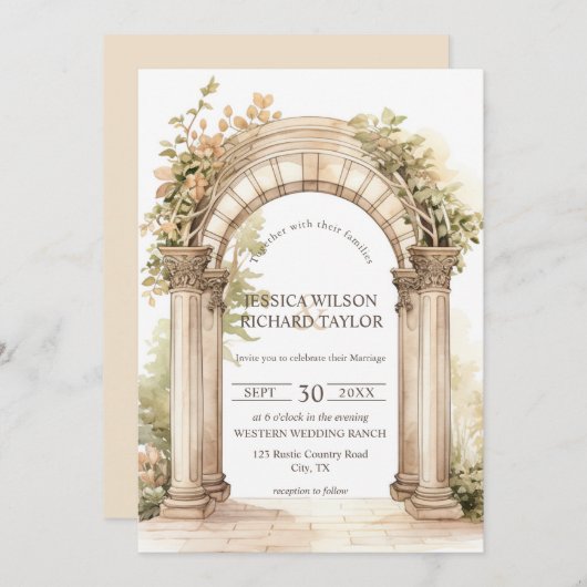 ロマン素朴クベージュアーチランチファームバーン 招待状 (正面/裏面)