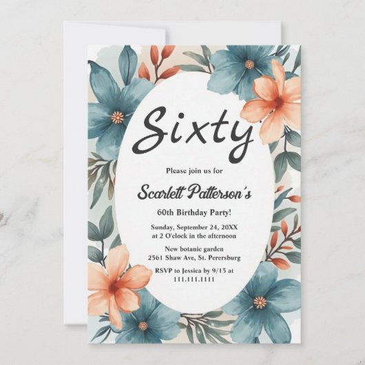 ロマン素朴ティウォーター色フローラ60誕生日 招待状 (正面)