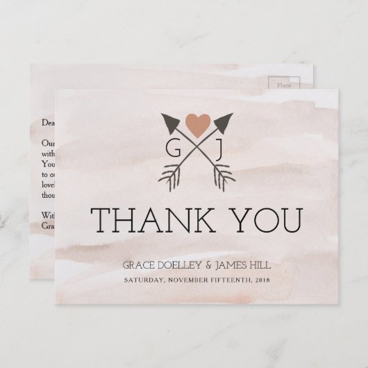 ロマン素朴ティックな矢とハート結婚の感謝 ポストカード (正面/裏面)