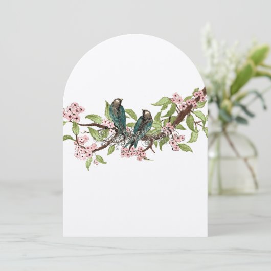 ロマン素朴ティックティール（緑がかった色）ラブバードピンクティール（緑がかった色）結婚ズ 招待状 (スタンド正面)