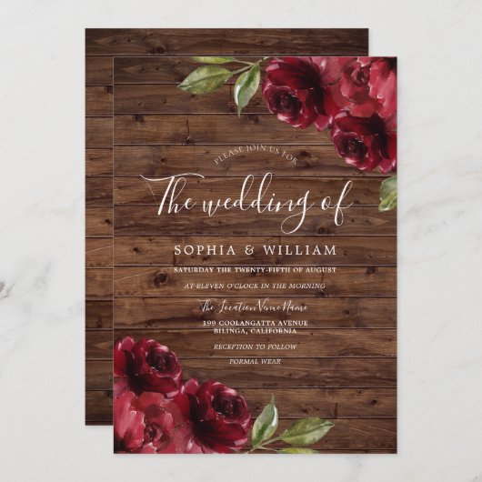 ロマン素朴ティブルゴーニュ・レッド結婚・ローズ 招待状 (正面/裏面)