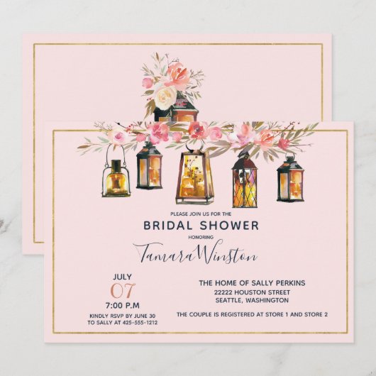 ロマン素朴ティランタンバラ金ゴールドブライダルシャワー 招待状 (正面/裏面)