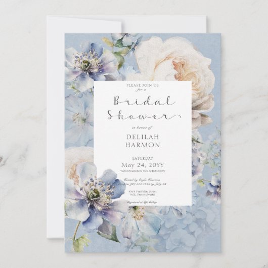 ロマン素朴ムブルー&ホワイトフローラブライダルシャワー 招待状 (正面)