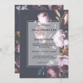 ロマン結婚ティックのダークブラックムーディピンク花模様2 招待状 (正面/裏面)