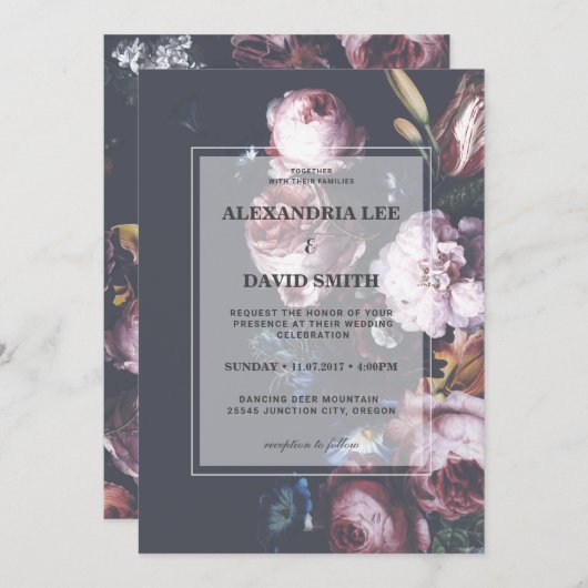 ロマン結婚ティックのダークブラックムーディピンク花模様2 招待状 (正面/裏面)