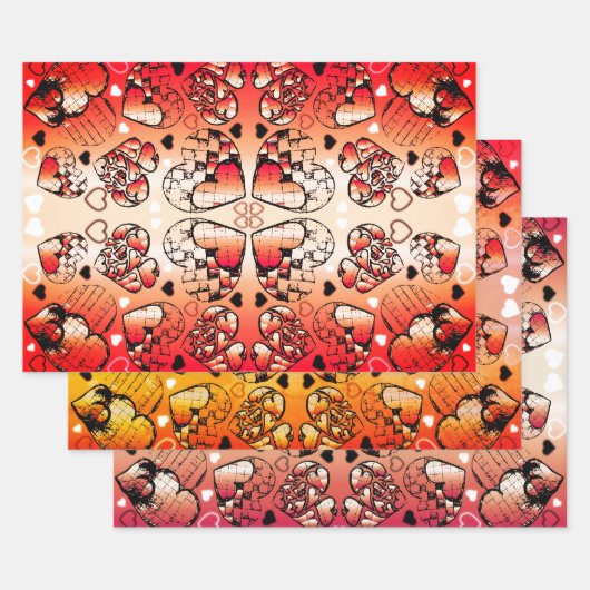 ロマン赤と白お洒落ティックハートパターン ラッピングペーパーシート (セット)