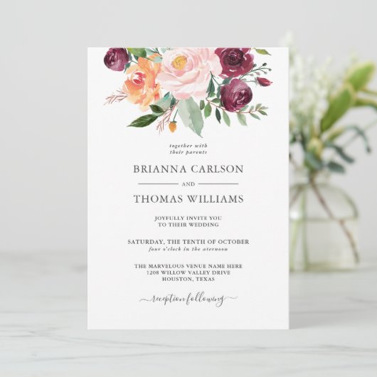 ロマ素朴ンスブルゴーニュとピンクのフローラ結婚ズ 招待状 (スタンド正面)