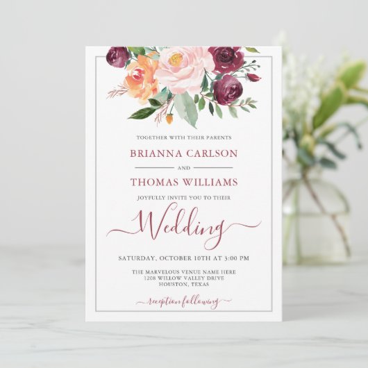 ロマ素朴ンスブルゴーニュとピンクのフローラ結婚ズ 招待状 (スタンド正面)