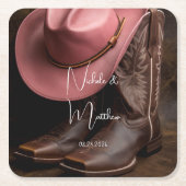 ロマ素朴ンス：カウボーイブーツ&バラハット結婚ズ スクエアペーパーコースター (正面)