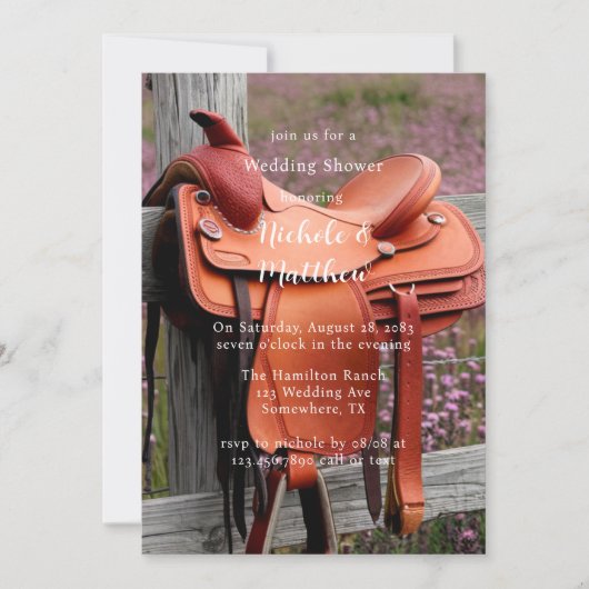 ロマ素朴ンス：フェンス上のサドルウェディングシャワー 招待状 (正面)