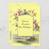 ロマi̇ントカモノグラム/シクラメン，ピンク色の緑 招待状 (正面/裏面)