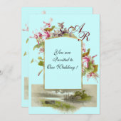 ロマi̇ントカモノグラム/シクラメン,ピンク色の緑 招待状 (正面/裏面)