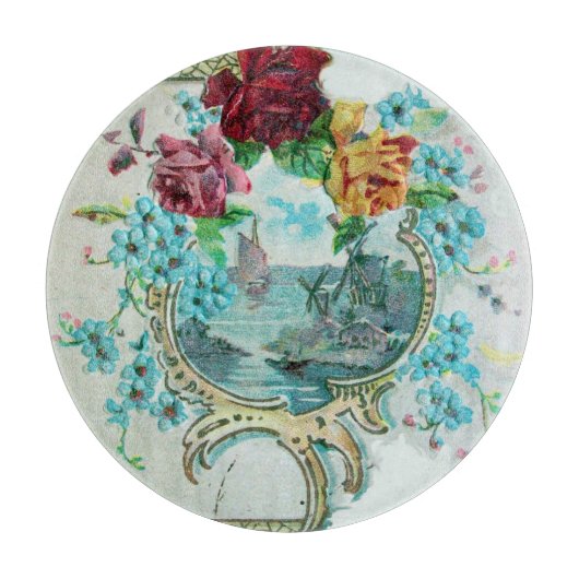 ロマi̇ントカロマンティックシースケープブルーフラワーズバラ カッティングボード (正面)