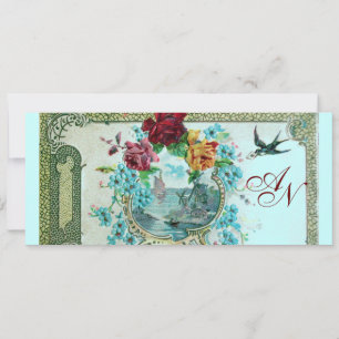 ロマi̇ントカ3モノグラム、ブルーピンク赤 案内状