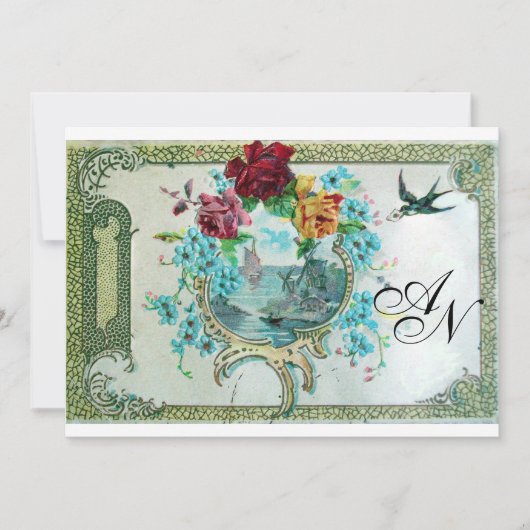 ロマi̇ントカ3モノグラム、ブルーホワイトウェディングパーティー 招待状 (正面)