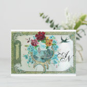 ロマi̇ントカ3モノグラム、ブルーホワイトウェディングパーティー 招待状 (スタンド正面)