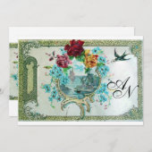 ロマi̇ントカ3モノグラム、ブルーホワイトウェディングパーティー 招待状 (正面/裏面)