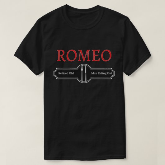 ロミオおじいちゃんお食事Tシャツ 退職者おもしろグッズ Tシャツ (デザイン正面)