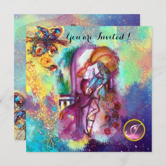 ロミオとジュリエットフローラブルー金ゴールドのキラキラ 招待状 (正面/裏面)