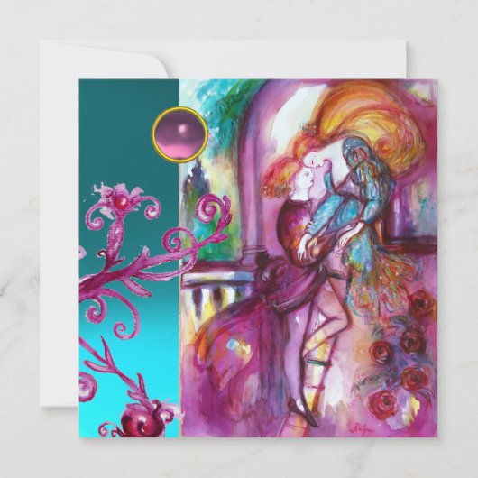 ロミオとジュリエット/ターコイズピンクのダマスク花柄 招待状 (正面)