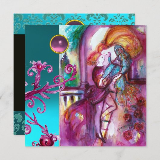 ロミオとジュリエット / ティールピンクのダマスク花柄の渦巻き 招待状 (正面/裏面)