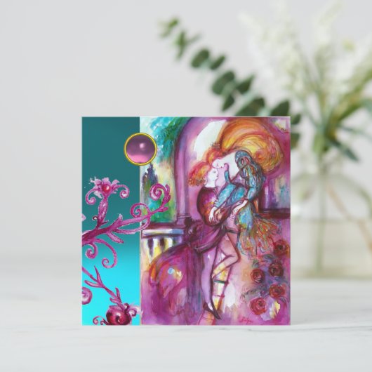 ロミオとジュリエット / ティールピンクのダマスク花柄の渦巻き 招待状 (スタンド正面)