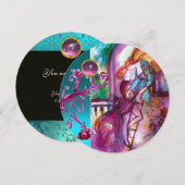 ロミオとジュリエット / ティールピンクのダマスク花柄 招待状 (正面/裏面)