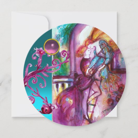 ロミオとジュリエット / ティールピンクのダマスク花柄 招待状 (正面)