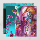 ロミオとジュリエット/ティール(緑がかった色)ピンクダマスクフローラ渦巻き 招待状 (正面/裏面)