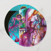 ロミオとジュリエット/ティール(緑がかった色)ピンクダマスクフローラ渦巻き 招待状 (正面/裏面)