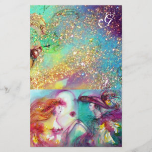 ロミオとジュリエット、ティール(緑がかった色)ブルー金ゴールドスパークモノグラム 便箋