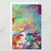 ロミオとジュリエット、ティール(緑がかった色)ブルー金ゴールドスパークモノグラム 便箋 (正面/裏面)