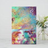 ロミオとジュリエット、ティール(緑がかった色)ブルー金ゴールドスパークモノグラム 便箋 (スタンド正面)