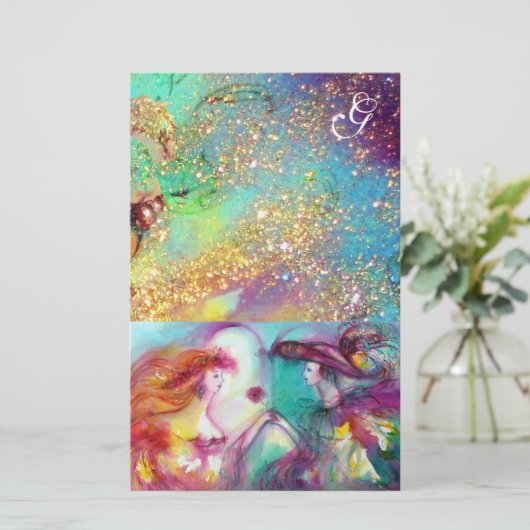 ロミオとジュリエット、ティール(緑がかった色)ブルー金ゴールドスパークモノグラム 便箋 (スタンド正面)