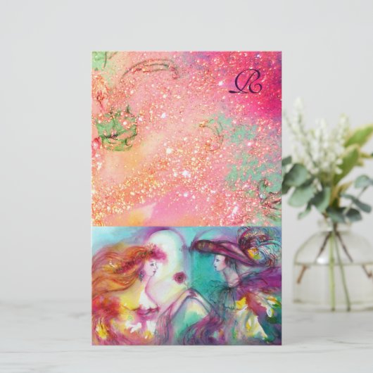 ロミオとジュリエット、ピンクの金ゴールドスパークルズモノグラム 便箋 (スタンド正面)