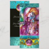 ロミオとジュリエット ピンクアクアブルー ティール ダマスク フローラル 招待状 (正面/裏面)