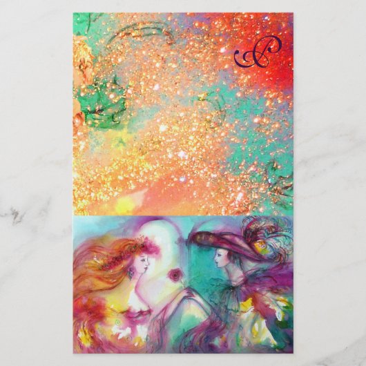 ロミオとジュリエット、ピンクグリーン金ゴールドスパークルモノグラム 便箋 (正面)