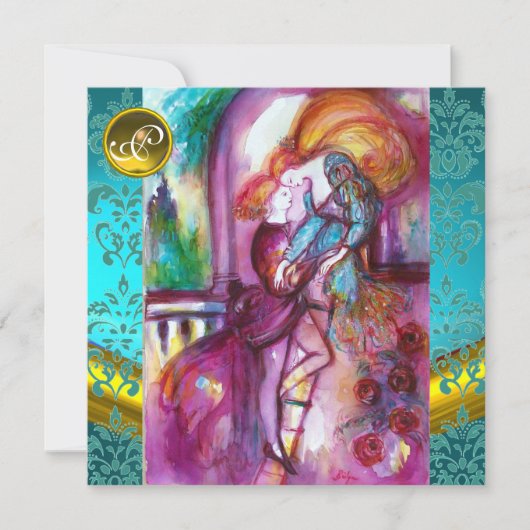 ロミオとジュリエット 水色とターコイズのダマスク柄花文 招待状 (正面)