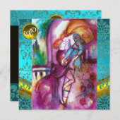 ロミオとジュリエット 水色とターコイズのダマスク・フラワープリント 招待状 (正面/裏面)