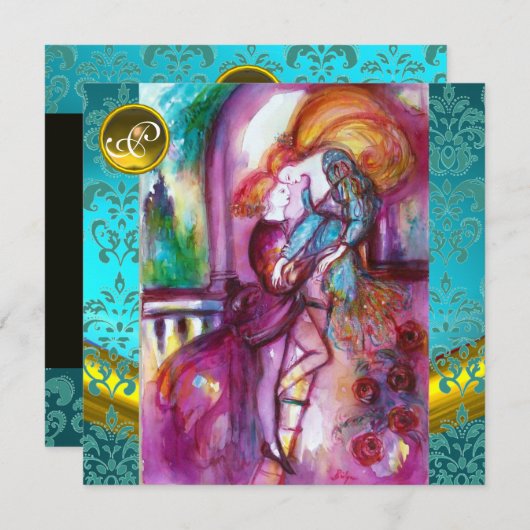 ロミオとジュリエット 水色とターコイズのダマスク・フラワープリント 招待状 (正面/裏面)