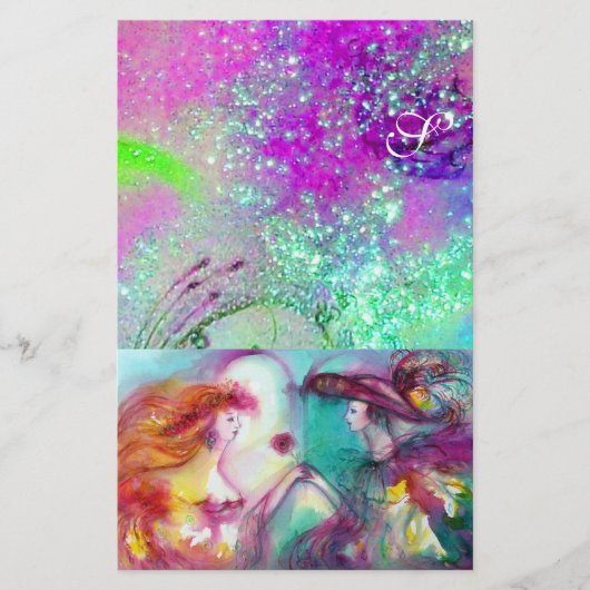 ロミオとジュリエット、紫のティール(緑がかった色)ブルーの金ゴールドきらめき 便箋 (正面)