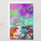 ロミオとジュリエット、紫のティール(緑がかった色)ブルーの金ゴールドきらめき 便箋 (正面/裏面)