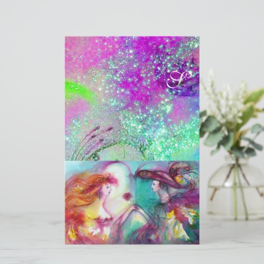 ロミオとジュリエット、紫のティール（緑がかった色）ブルーの金ゴールドきらめき 便箋 (スタンド正面)