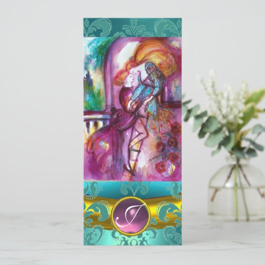 ロミオとジュリエピンクアクアブルー，ティール（緑がかった色）ダマスクフローラ 招待状 (スタンド正面)