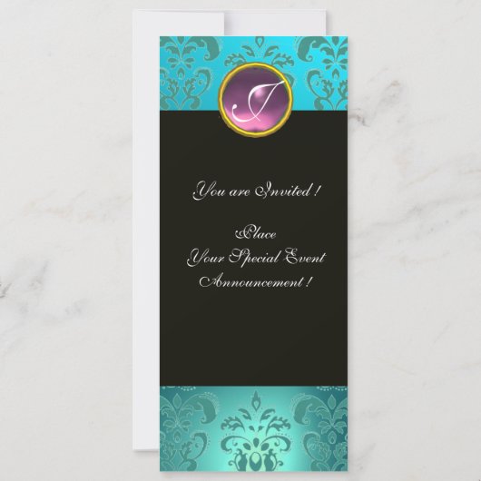 ロミオとジュリエピンクアクアブルー，ティール（緑がかった色）ダマスクフローラ 招待状 (裏面)
