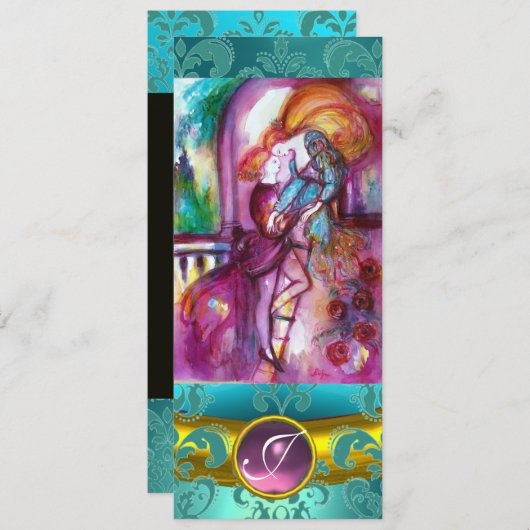 ロミオとジュリエピンクアクアブルー，ティール（緑がかった色）ダマスクフローラ 招待状 (正面/裏面)