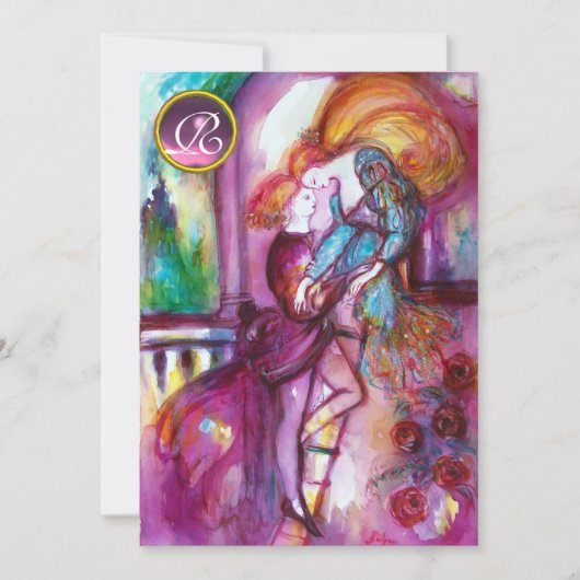 ロミオとジュリエピンクアクアブルー，ティール（緑がかった色）ダマスクフローラ 招待状 (正面)