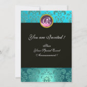 ロミオとジュリエピンクアクアブルー，ティール（緑がかった色）ダマスクフローラ 招待状 (裏面)