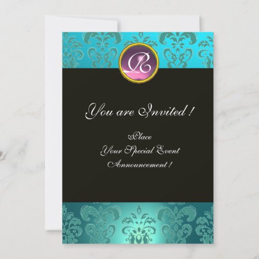 ロミオとジュリエピンクアクアブルー，ティール（緑がかった色）ダマスクフローラ 招待状 (裏面)
